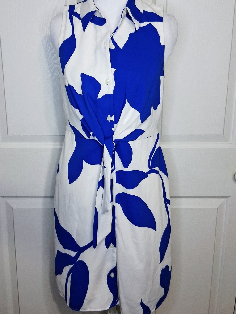 Sleeveless White Midi Dress with Bold Cobalt Blue Print and Tie Front